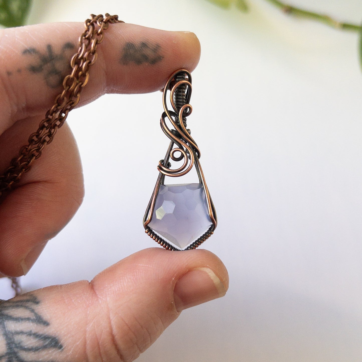 Faceted Lavender Chalcedony & Antiqued Copper Pendant
