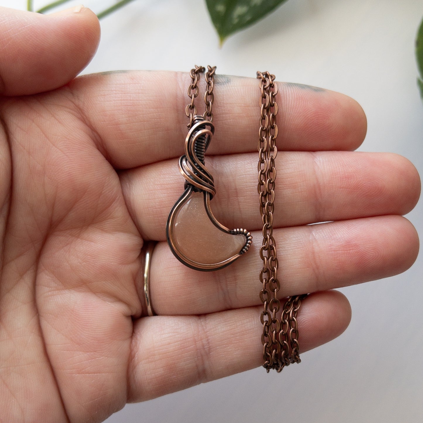 Peach Moonstone Moon & Copper Wrapped Pendant