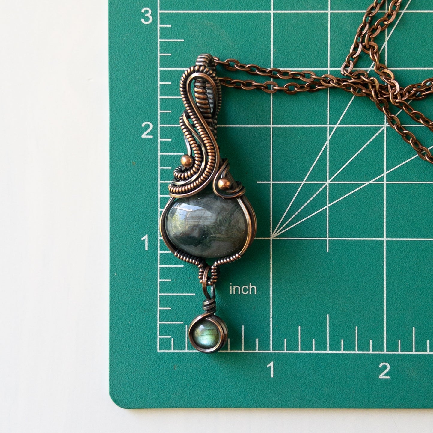 Moss Agate With Labradorite Charm Copper Wrapped Pendant