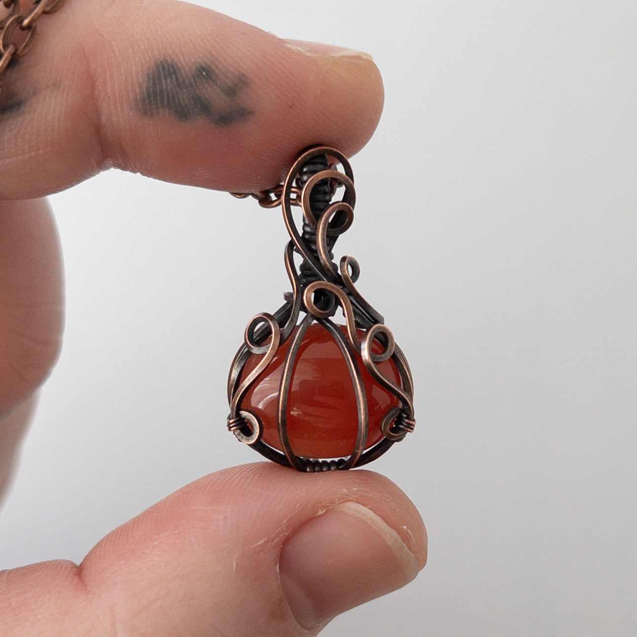 Dainty Carnelian Pumpkin Antiqued Copper Pendant