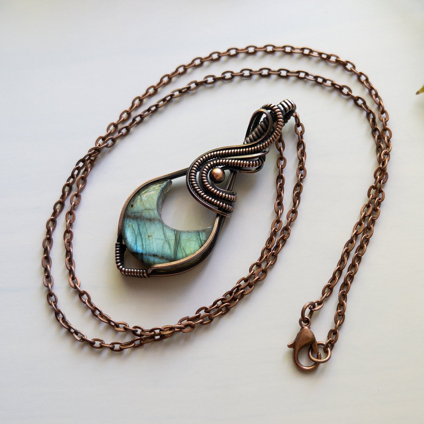 Labradorite Crescent Moon & Antiqued Copper Wrapped Pendant