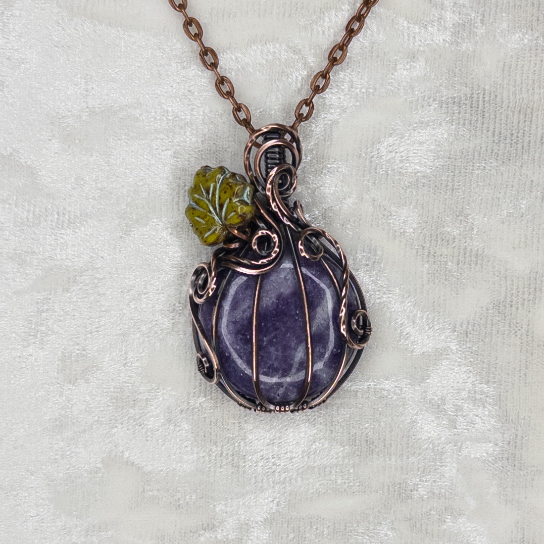 Lepidolite Antiqued Copper Pumpkin Pendant With Czech Glass Leaf