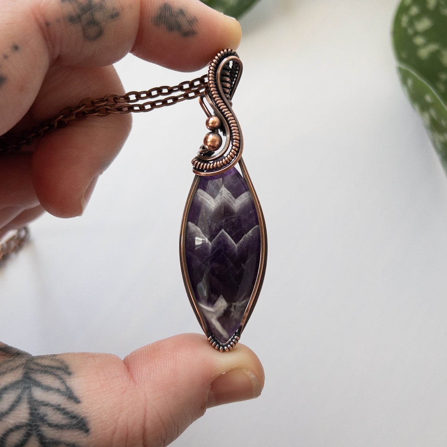 Chevron Amethyst & Copper Wrapped Pendant