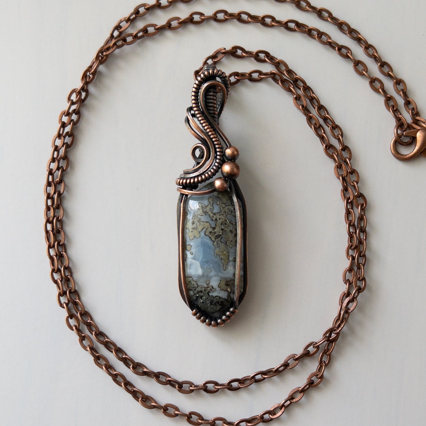 Marquise Mossy Blue Opal Copper Wrapped Pendant
