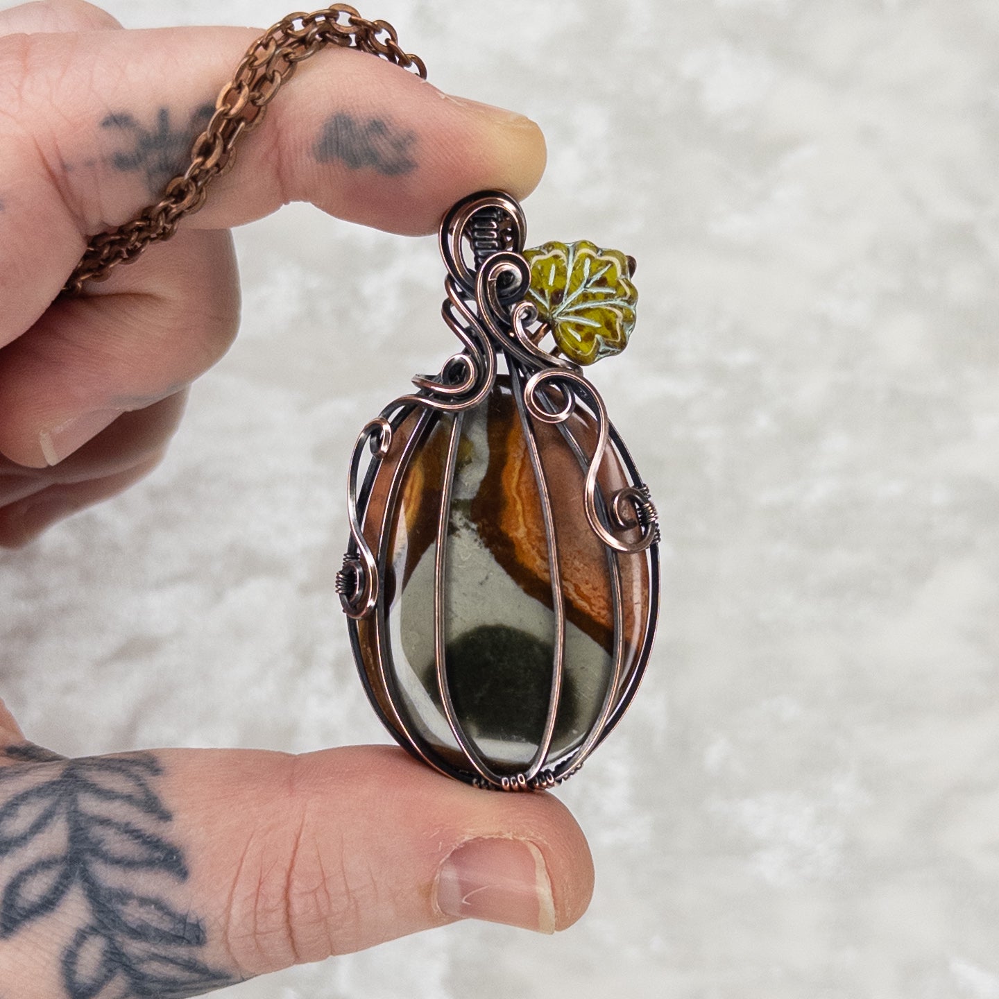 Polychrome Jasper Antiqued Copper Pumpkin Pendant With Czech Glass Leaf