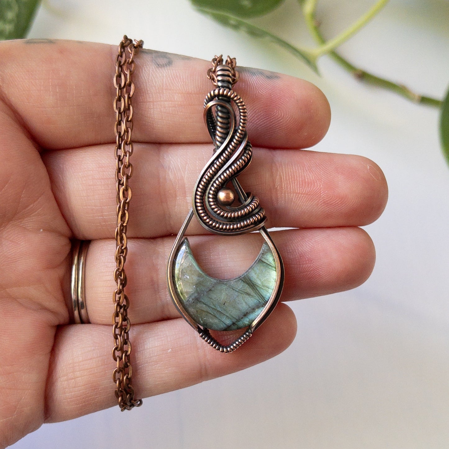 Labradorite Crescent Moon & Antiqued Copper Wrapped Pendant