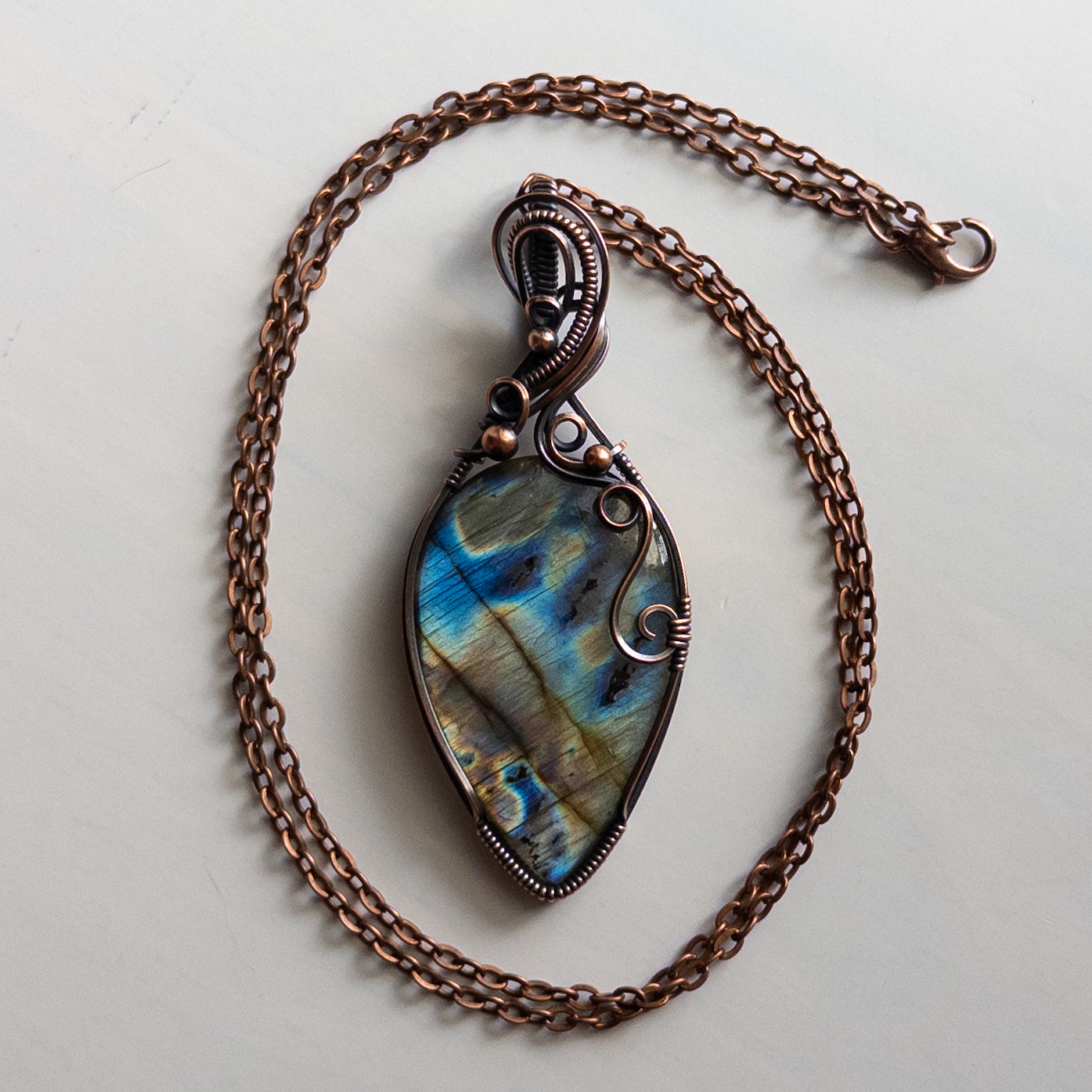 Large Multicolor Labradorite Antiqued Copper Wrapped Pendant