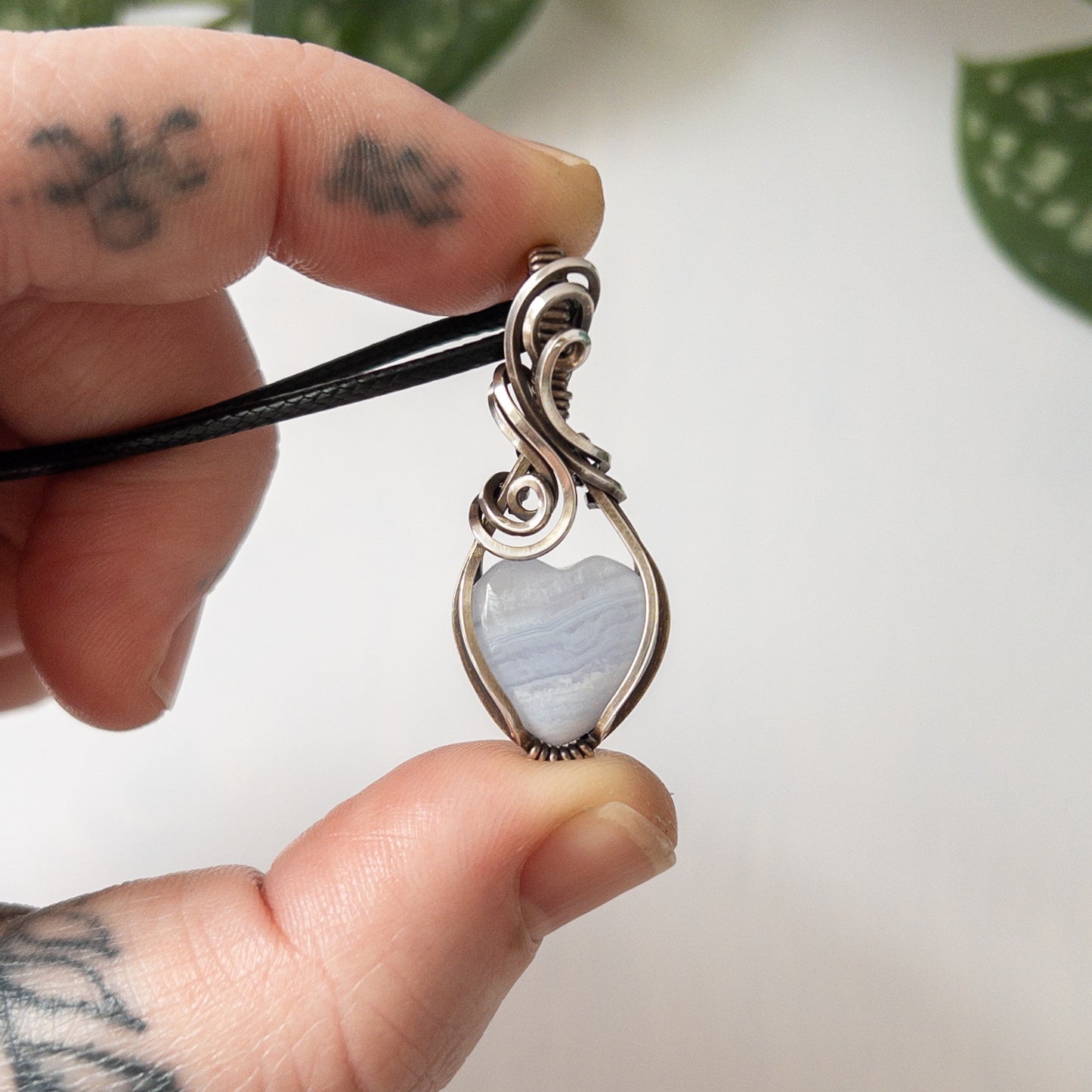 Mini Blue Lace Agate Heart & Sterling Silver Wrapped Pendant - B