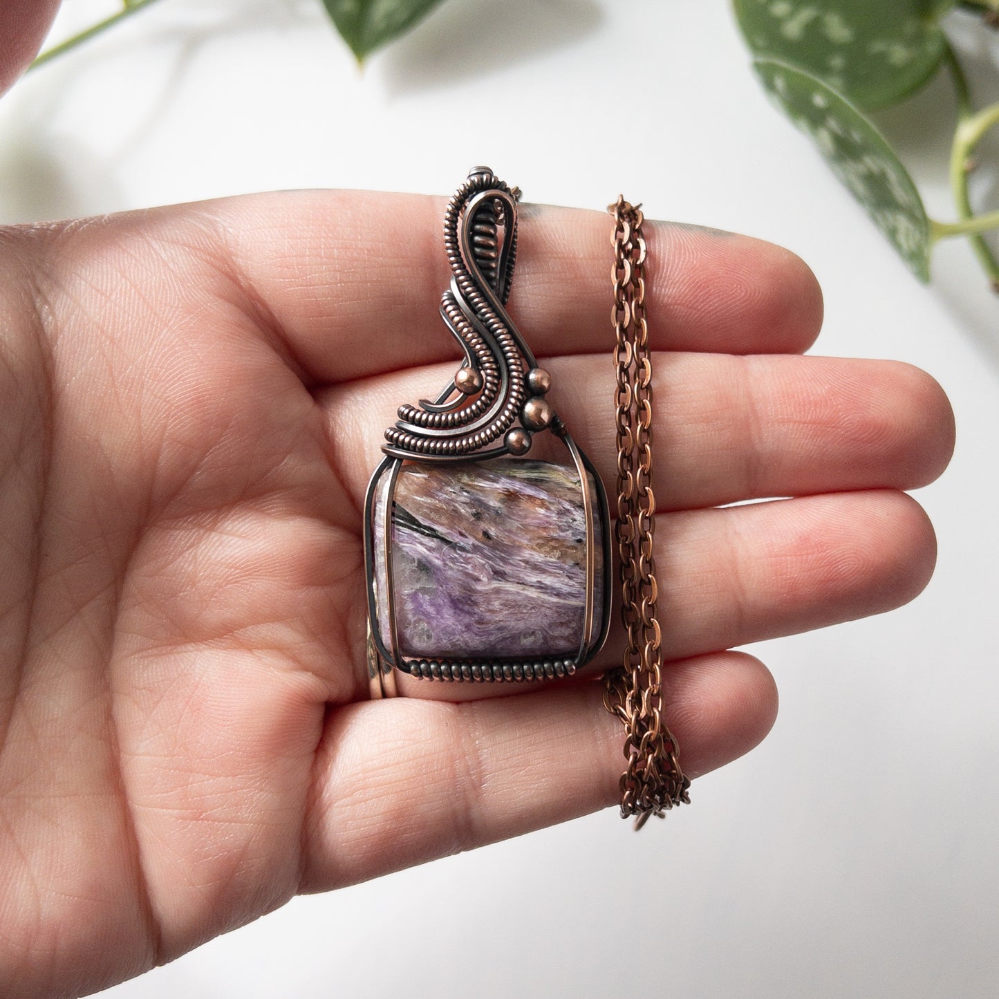Square Charoite & Copper Wrapped Pendant