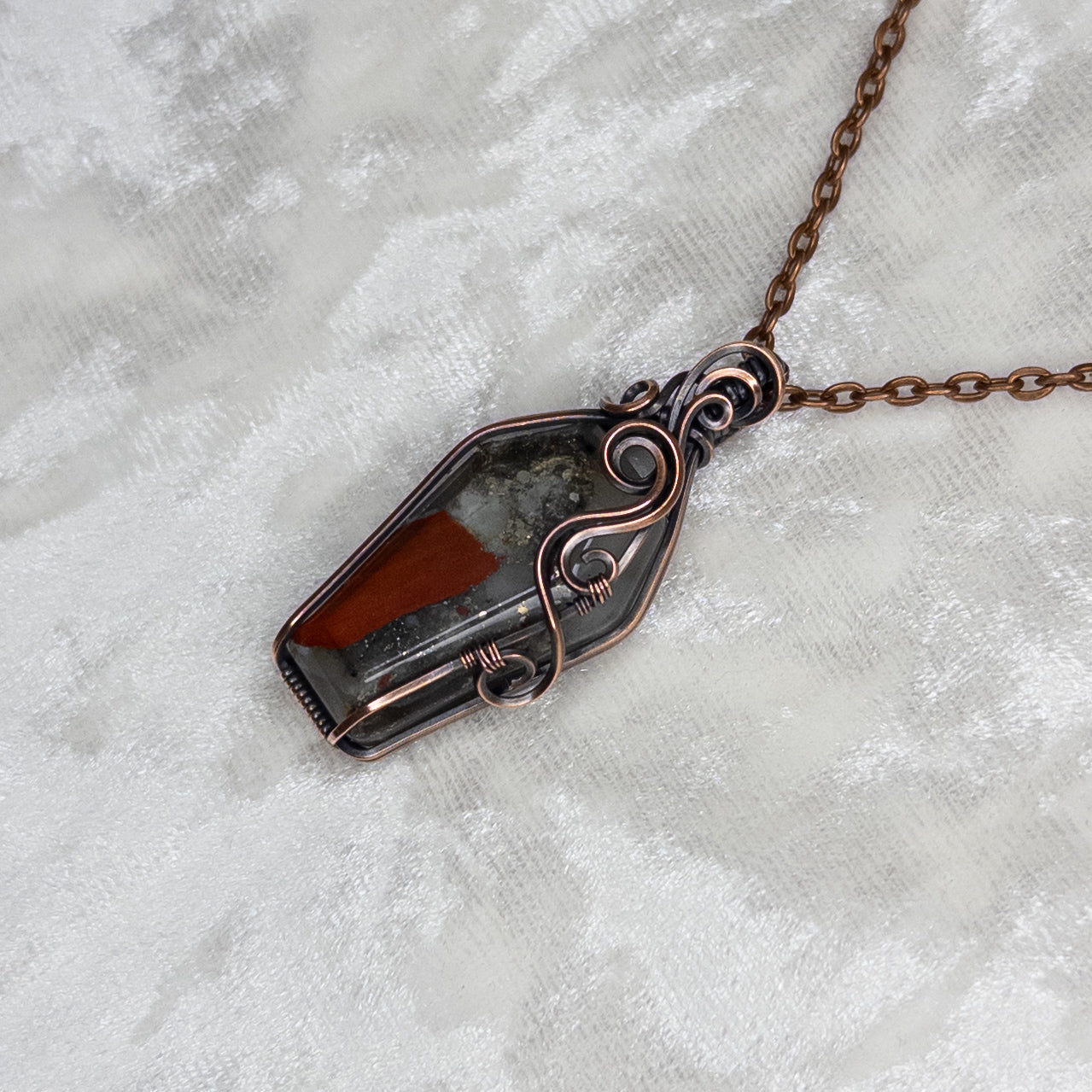 African Bloodstone Antiqued Copper Coffin Pendant