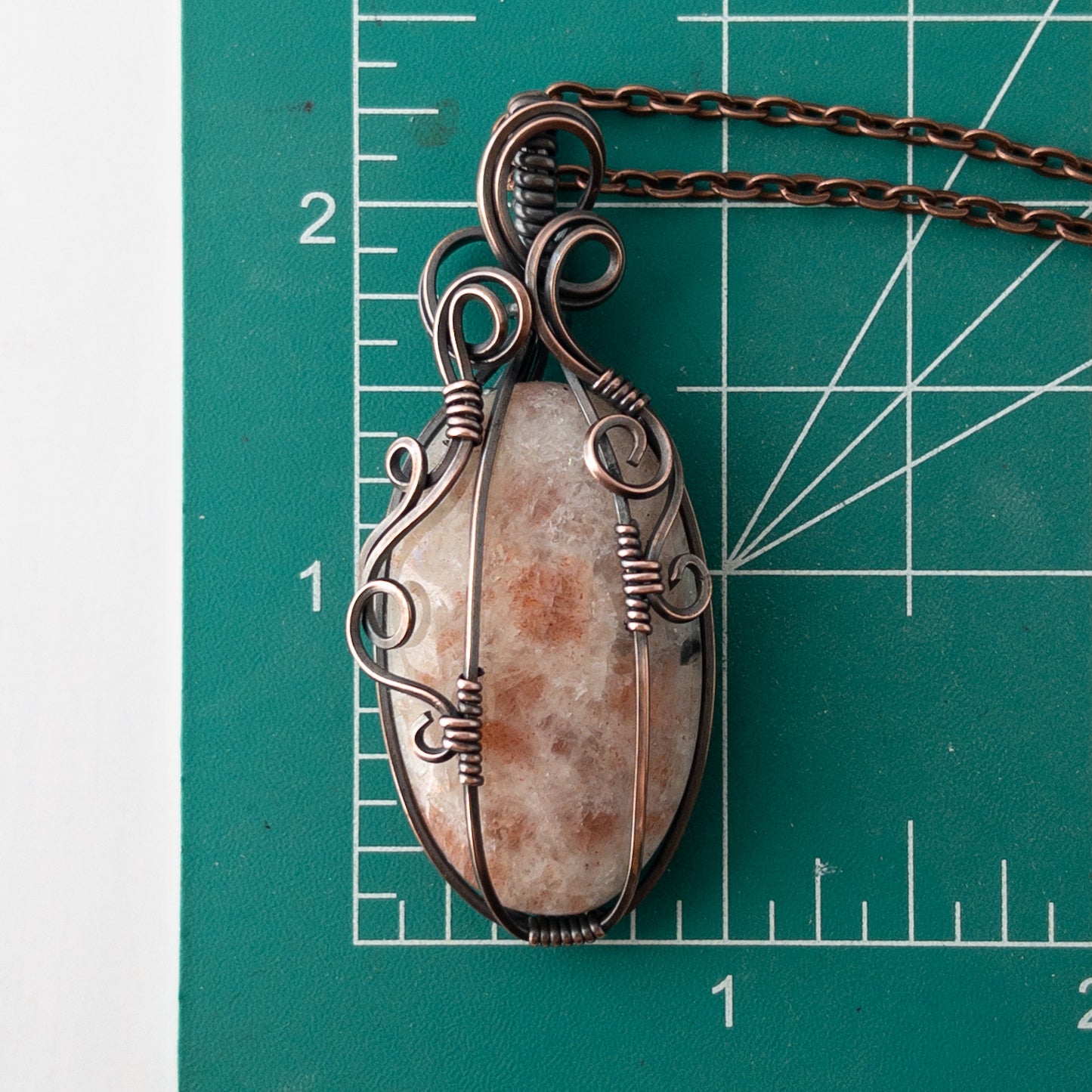 Tall Sunstone Pumpkin Antiqued Copper Wrapped Pendant
