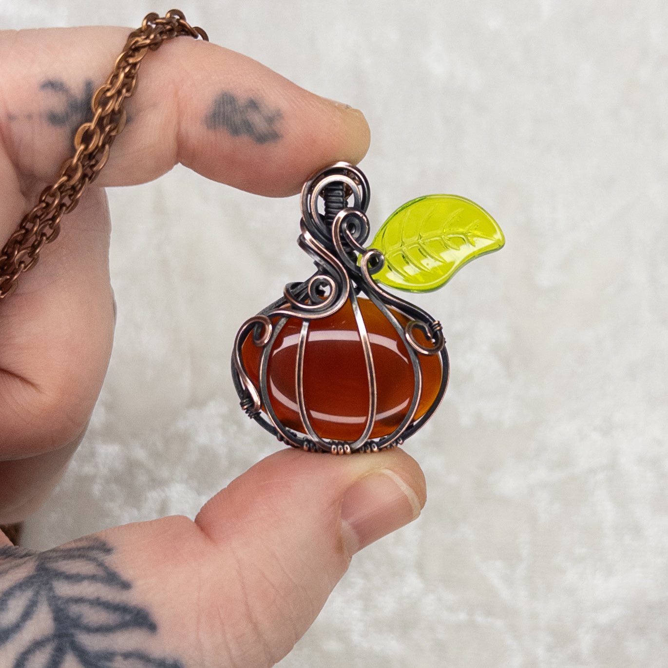 Carnelian & Glass Leaf Antiqued Copper Pumpkin Pendant