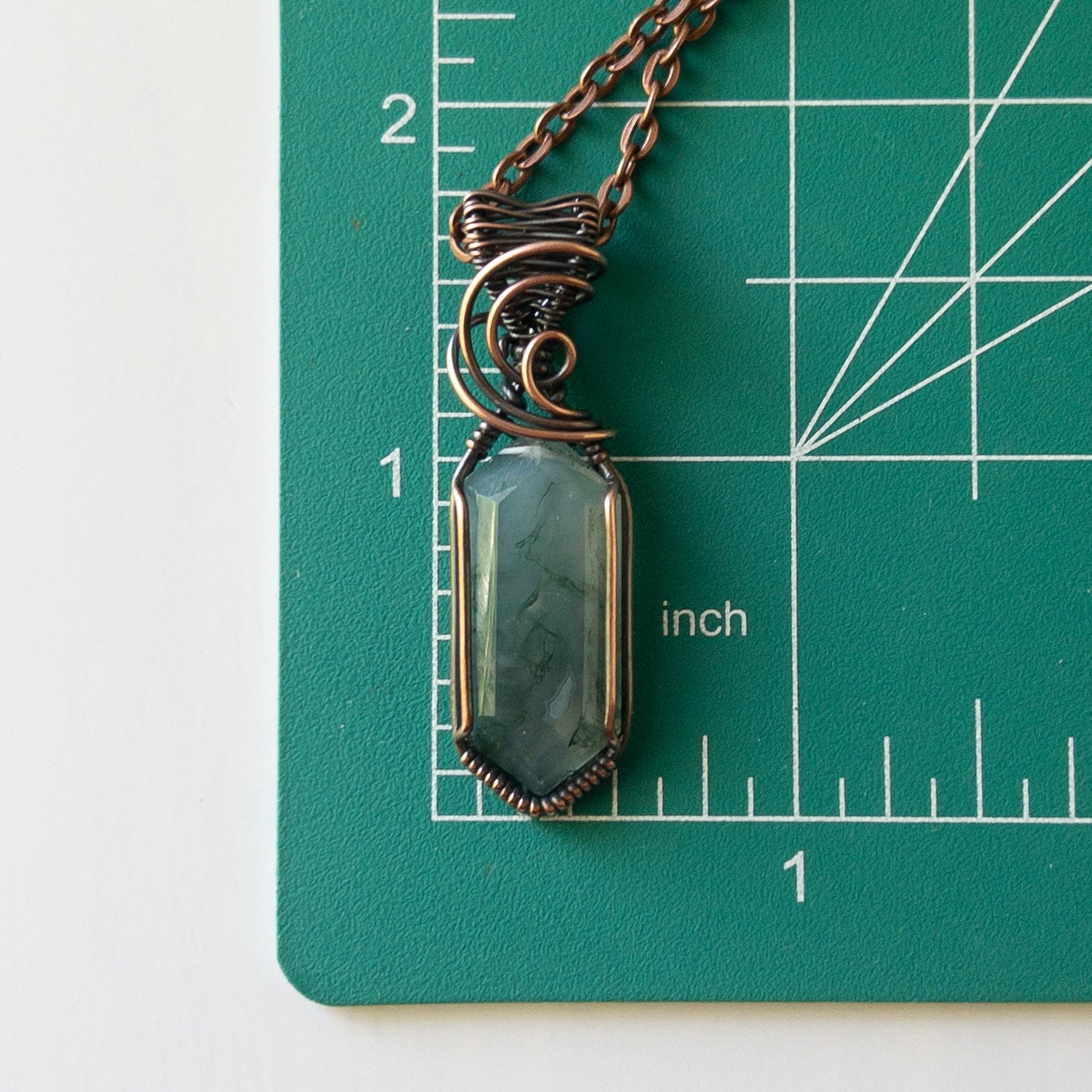 Faceted Marquise Moss Agate Copper Wrapped Pendant