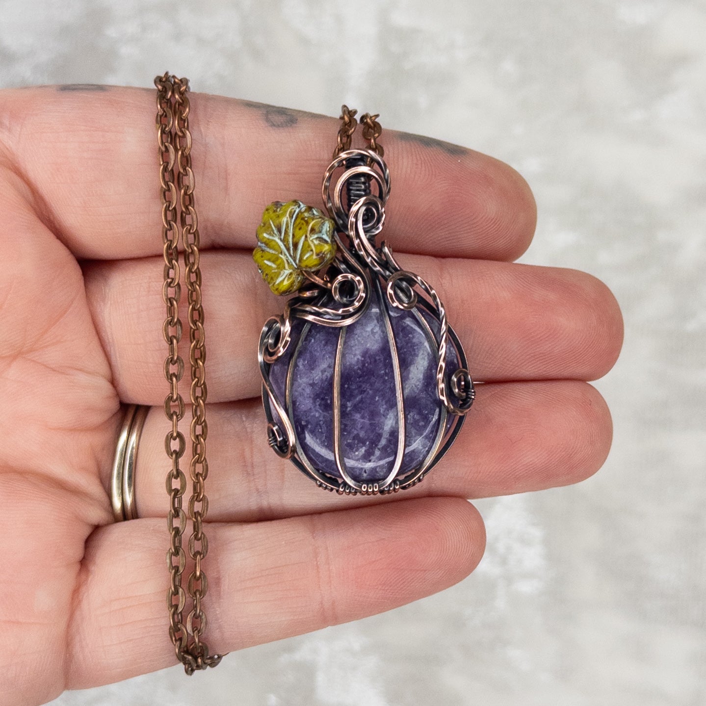 Lepidolite Antiqued Copper Pumpkin Pendant With Czech Glass Leaf
