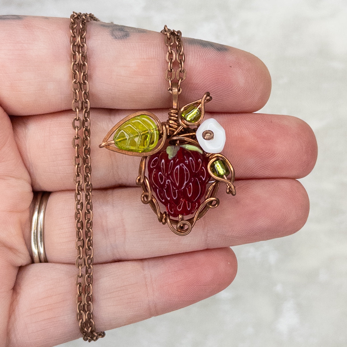 Whimsical Glass Raspberry Copper Wrapped Pendant with Shell Flower - F