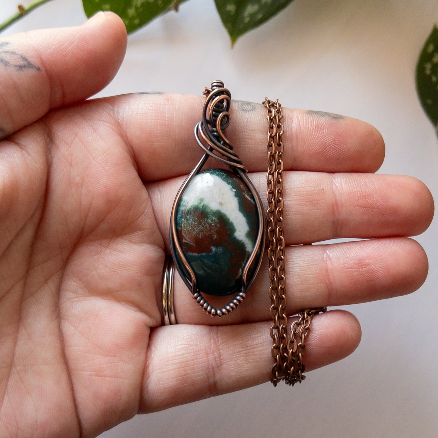 Red & Green Moss Agate & Copper Wrapped Pendant