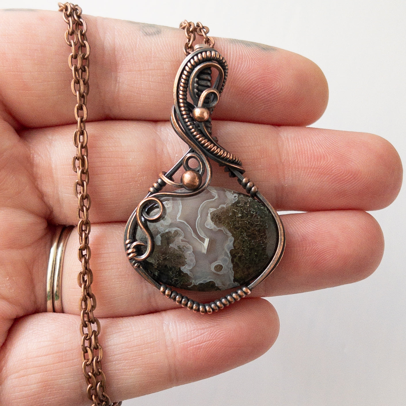 Moss Agate Copper Wrapped Pendant
