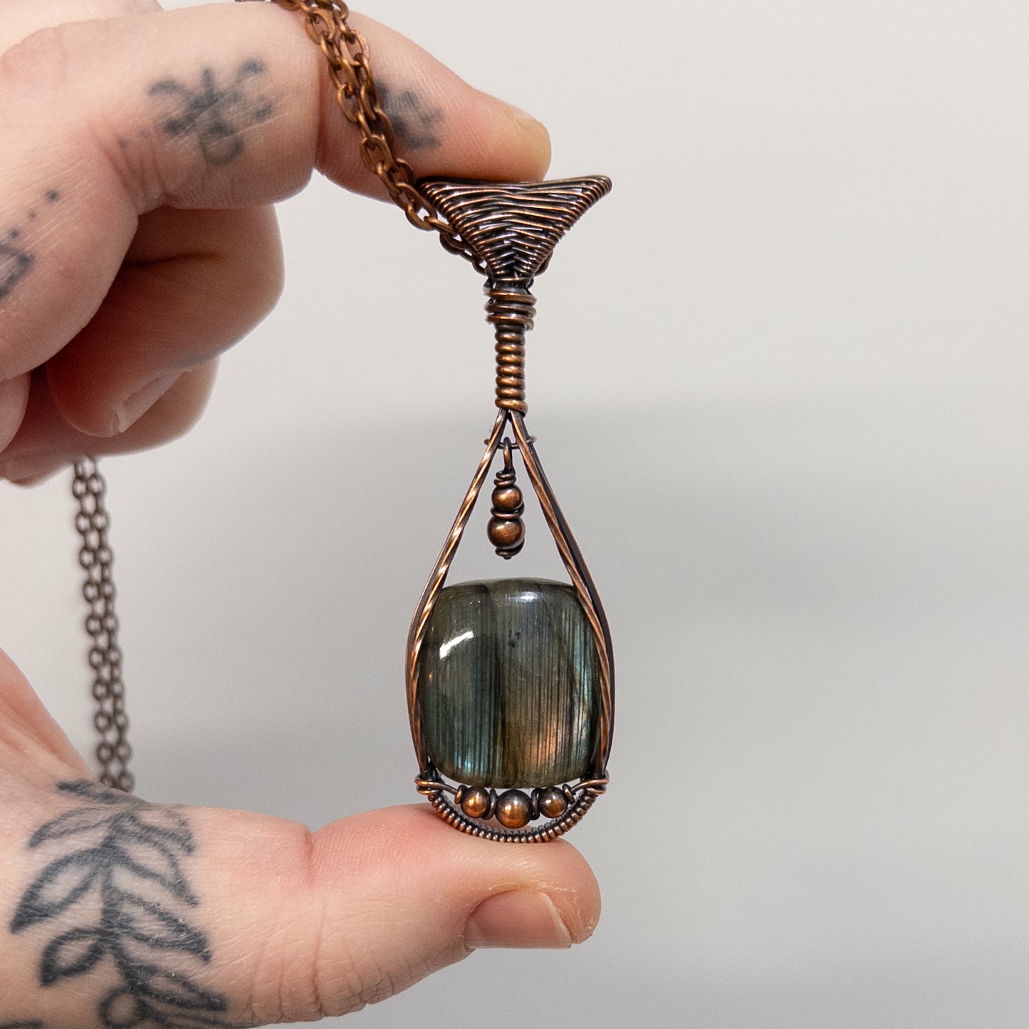 Amphora - Striped Labradorite & Dangling Charm Copper Pendant