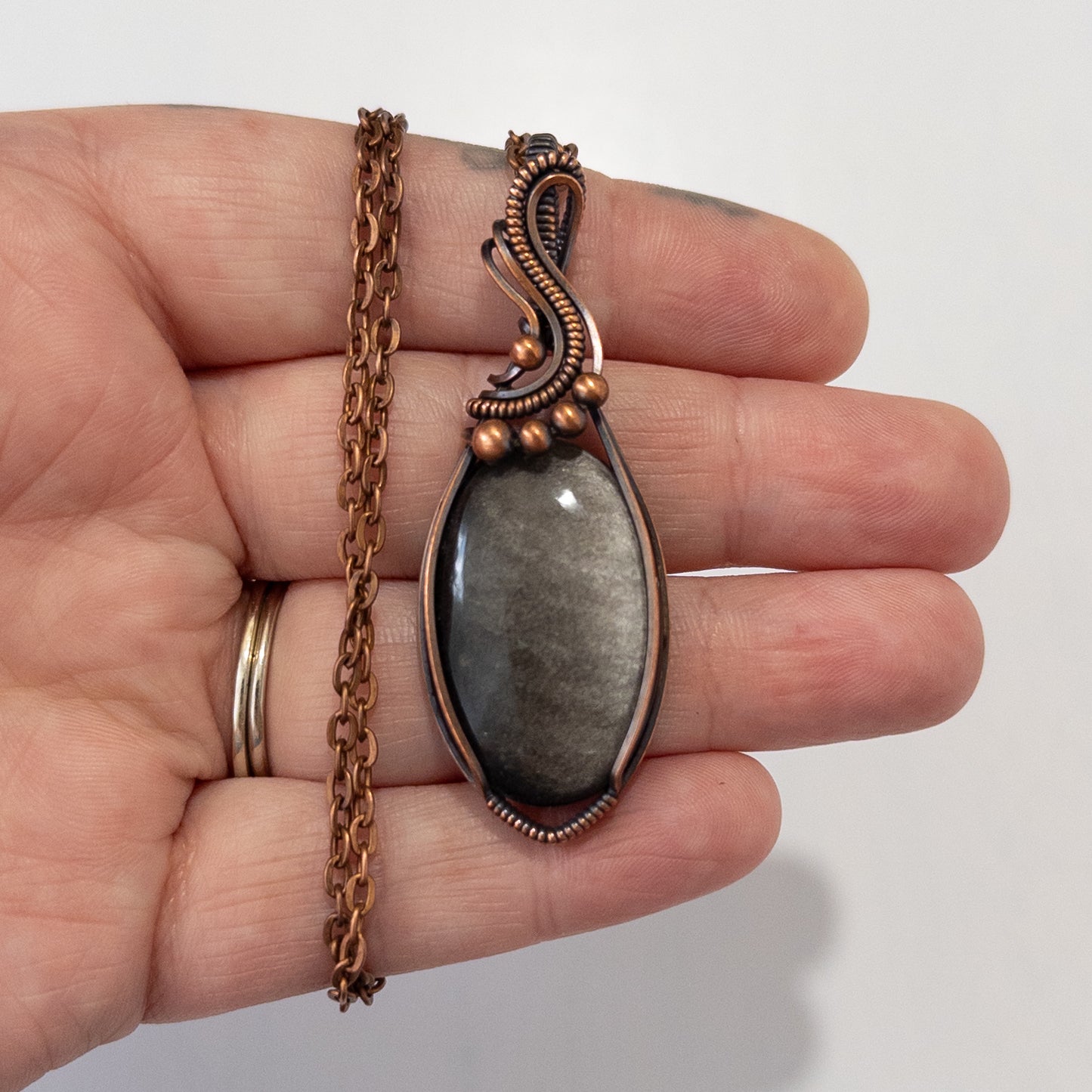 Silver Sheen Obsidian Copper Wrapped Pendant
