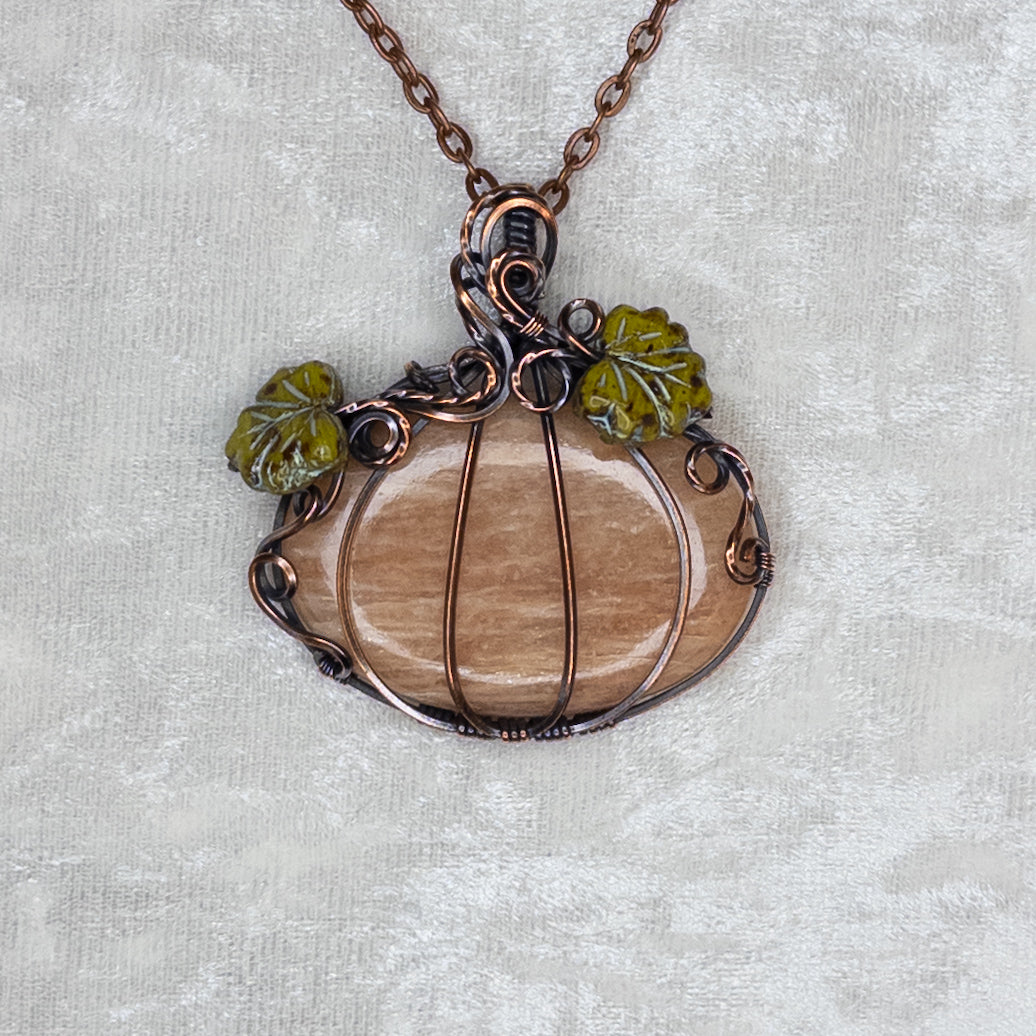 Peach Moonstone Antiqued Copper Pumpkin Pendant With Czech Glass Leaves