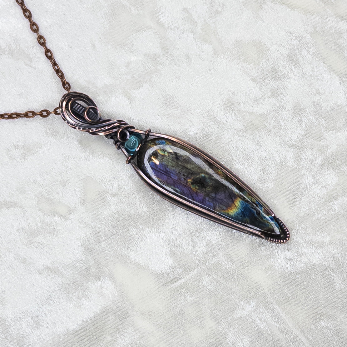 “Lightning Storm” Labradorite & Paraiba Apatite Antiqued Copper Wrapped Pendant
