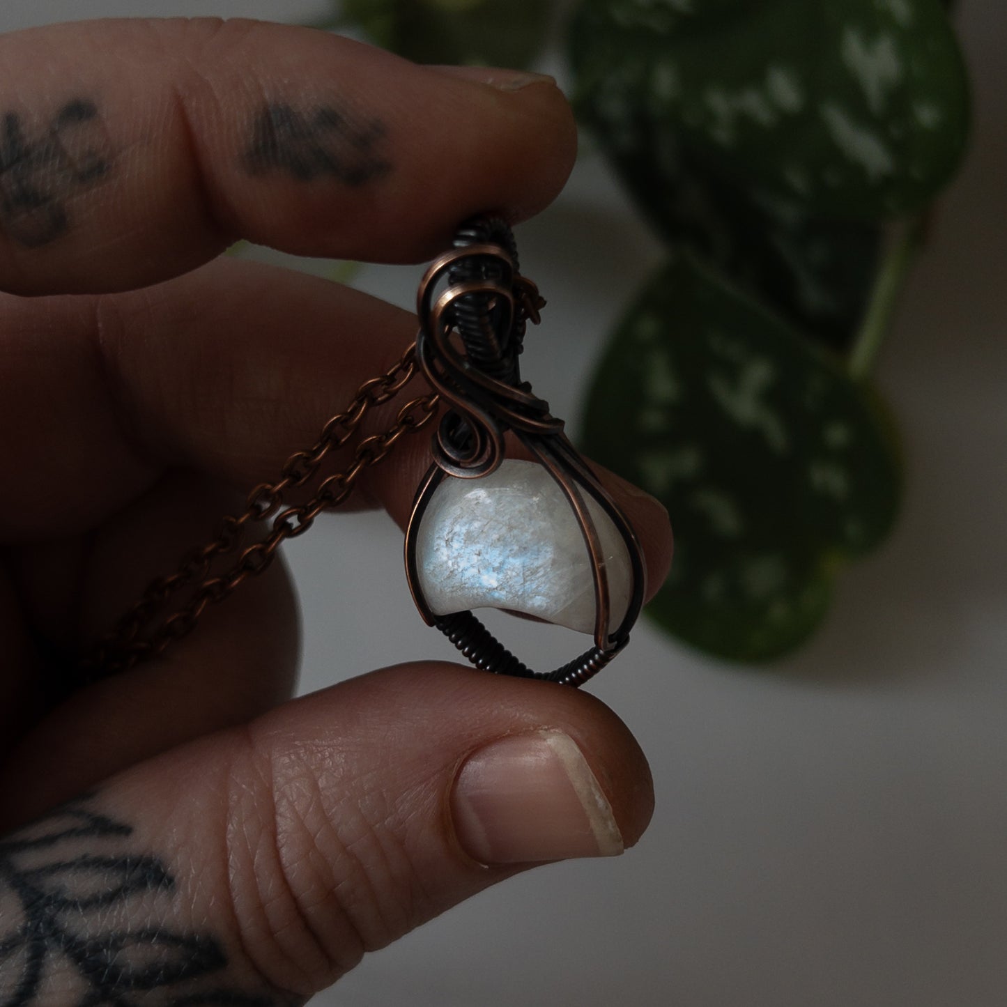 Moonstone Inverted Moon & Copper Wrapped Pendant