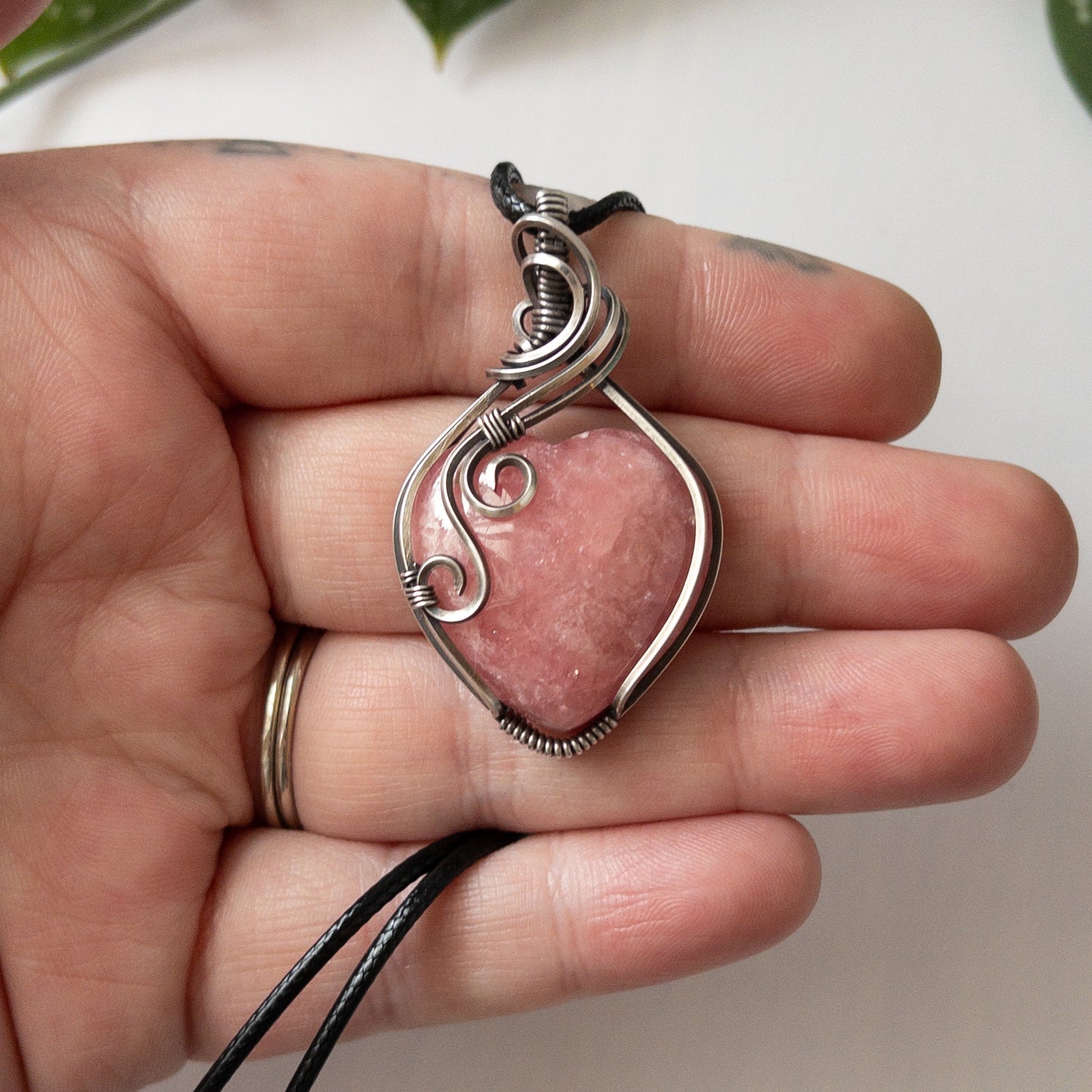 Large Rhodochrosite Heart & Sterling Silver Wrapped Pendant