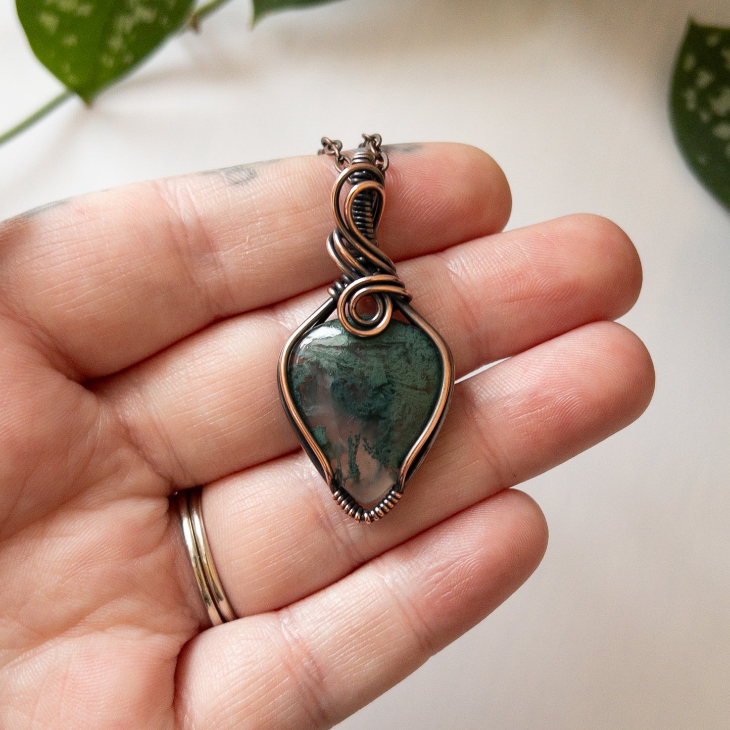 Moss Agate & Copper Wrapped Pendant