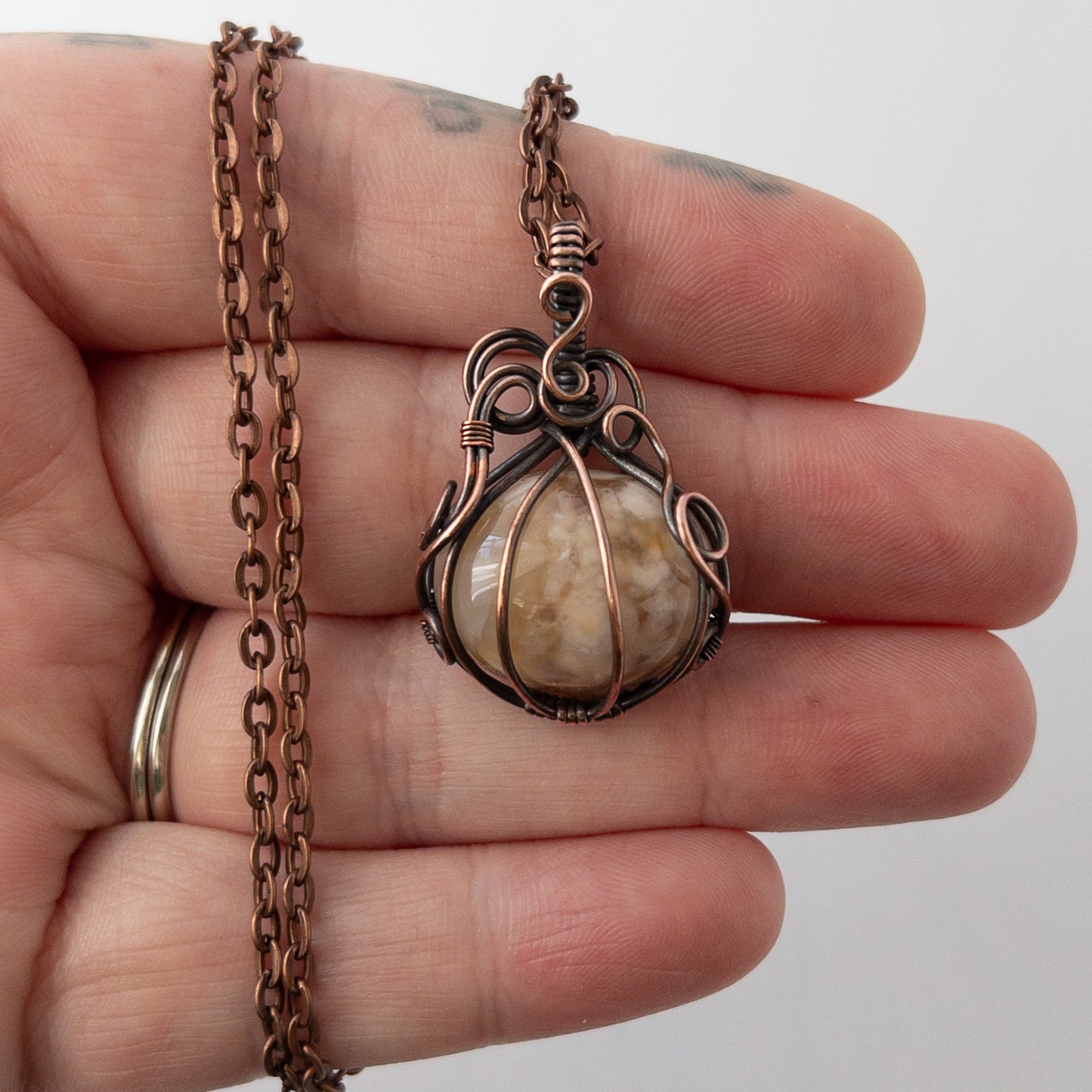 Flower Agate Pumpkin Antiqued Copper Wrapped Pendant