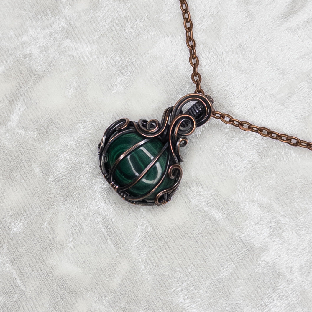 Malachite “Eye” Antiqued Copper Pumpkin Pendant