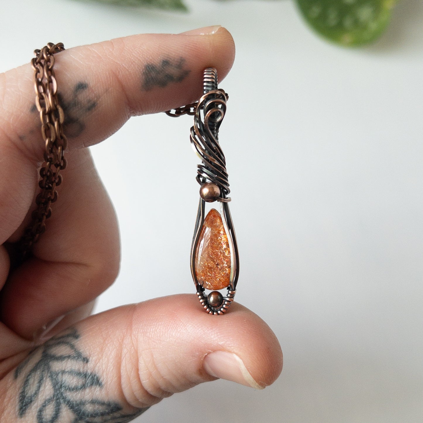 Dainty Sunstone & Copper Wrapped Pendant
