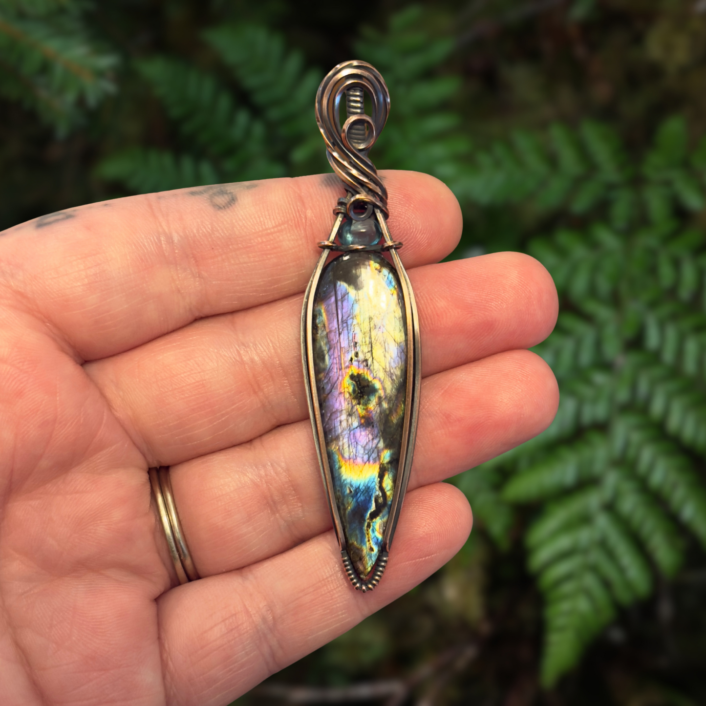 “Lightning Storm” Labradorite & Paraiba Apatite Antiqued Copper Wrapped Pendant