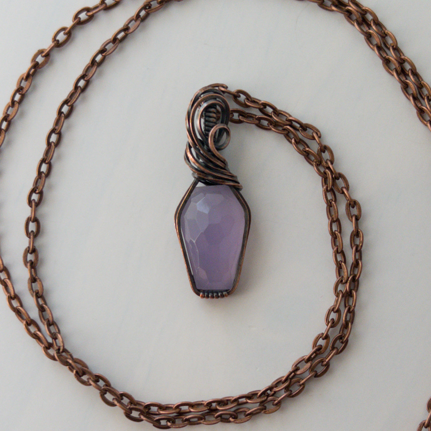 Rose Cut Lavender Chalcedony Coffin Copper Wrapped Pendant
