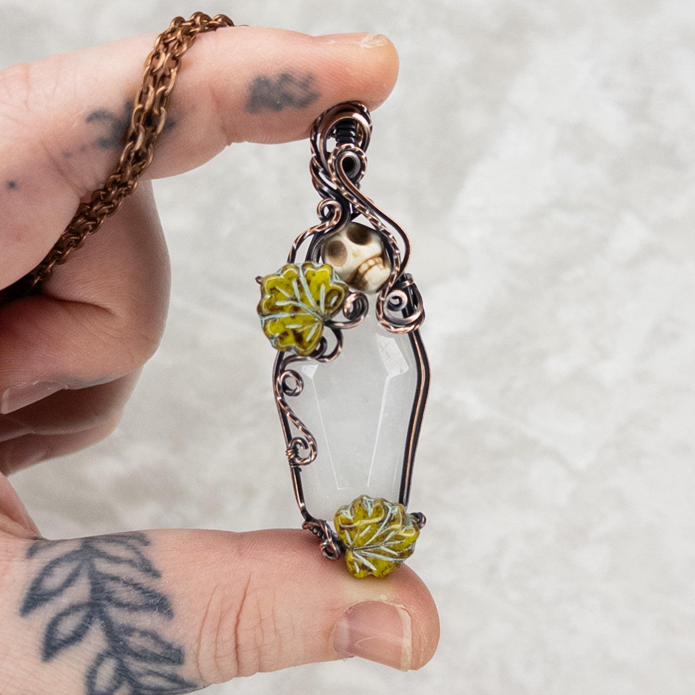 Quartz Coffin & Skull Antiqued Copper Pendant With Czech Glass Leaves