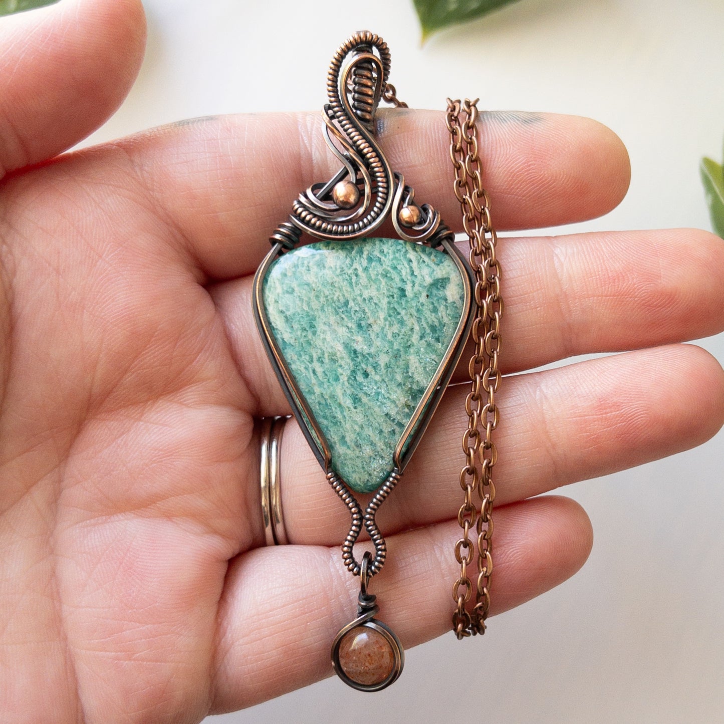 Amazonite With Sunstone Charm Copper Wrapped Pendant
