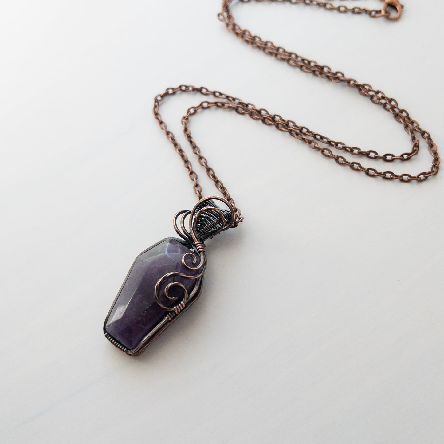 Amethyst Coffin Antiqued Copper Wrapped Pendant