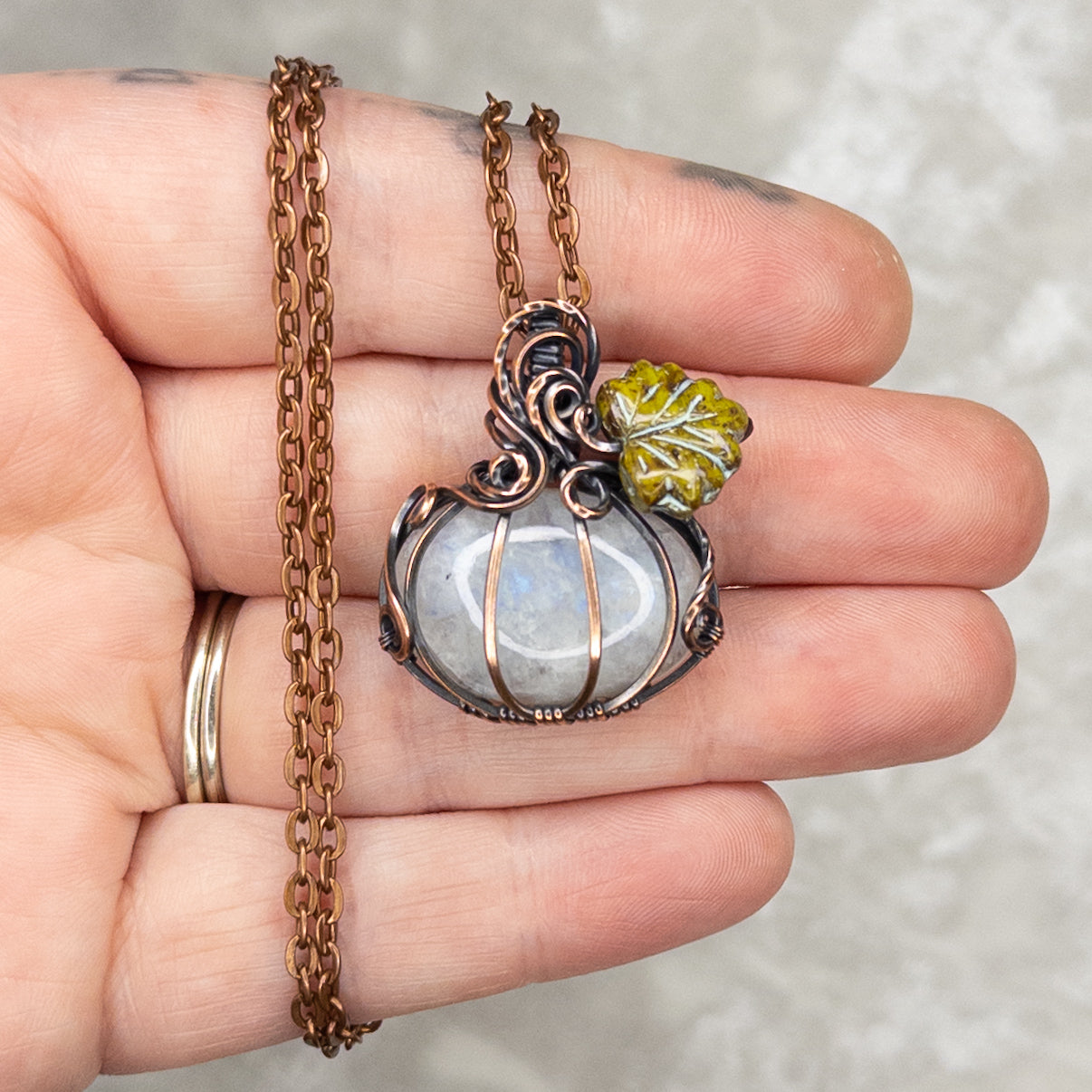 White Moonstone Antiqued Copper Pumpkin Pendant With Czech Glass Leaf