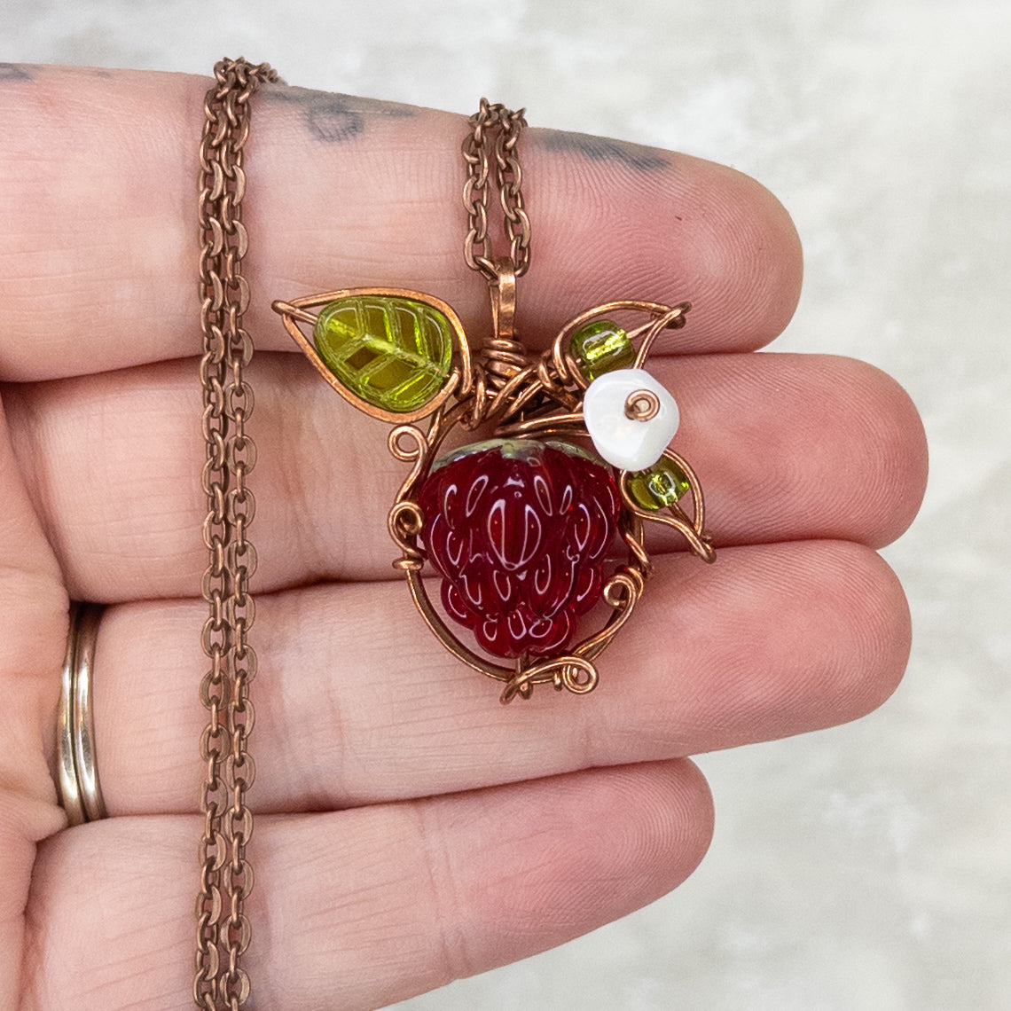 Whimsical Glass Raspberry Copper Wrapped Pendant with Shell Flower - D