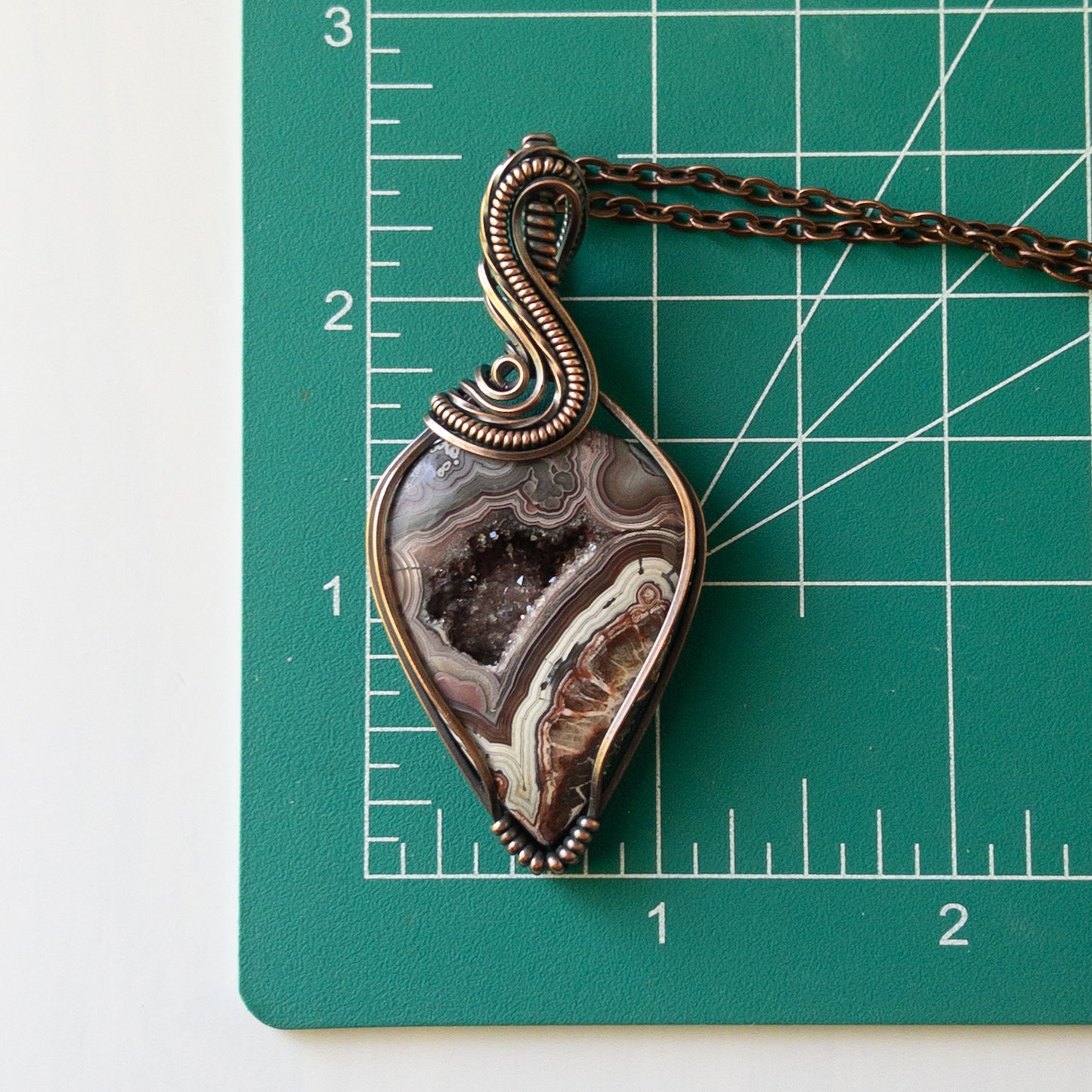 Mexican Lace Agate With Druzy Copper Wrapped Pendant
