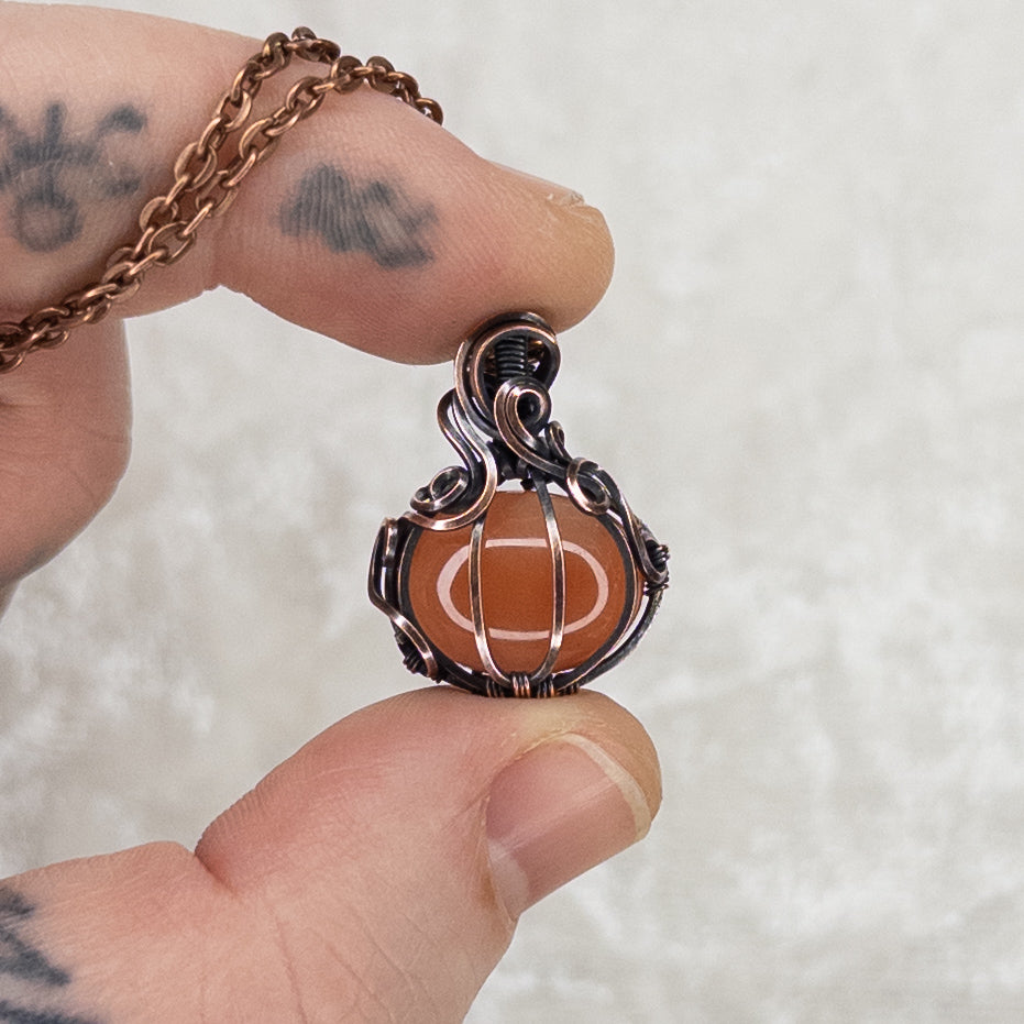 Dainty Carnelian Antiqued Copper Pumpkin Pendant