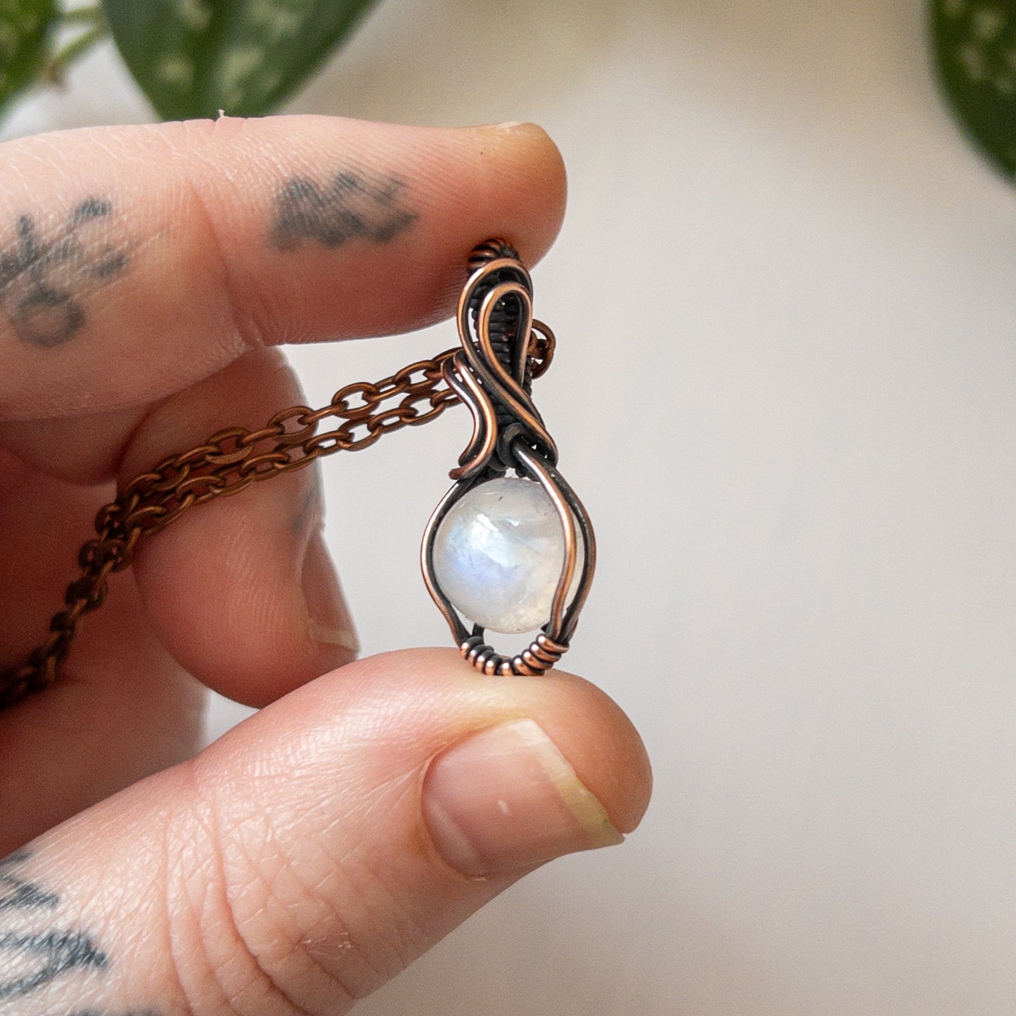 Rainbow Moonstone & Copper Wrapped Pendant