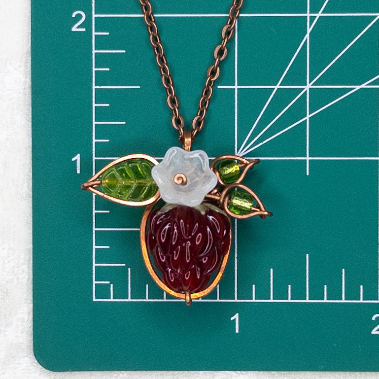 Whimsical Glass Raspberry Copper Wrapped Pendant with Glass Flower - A