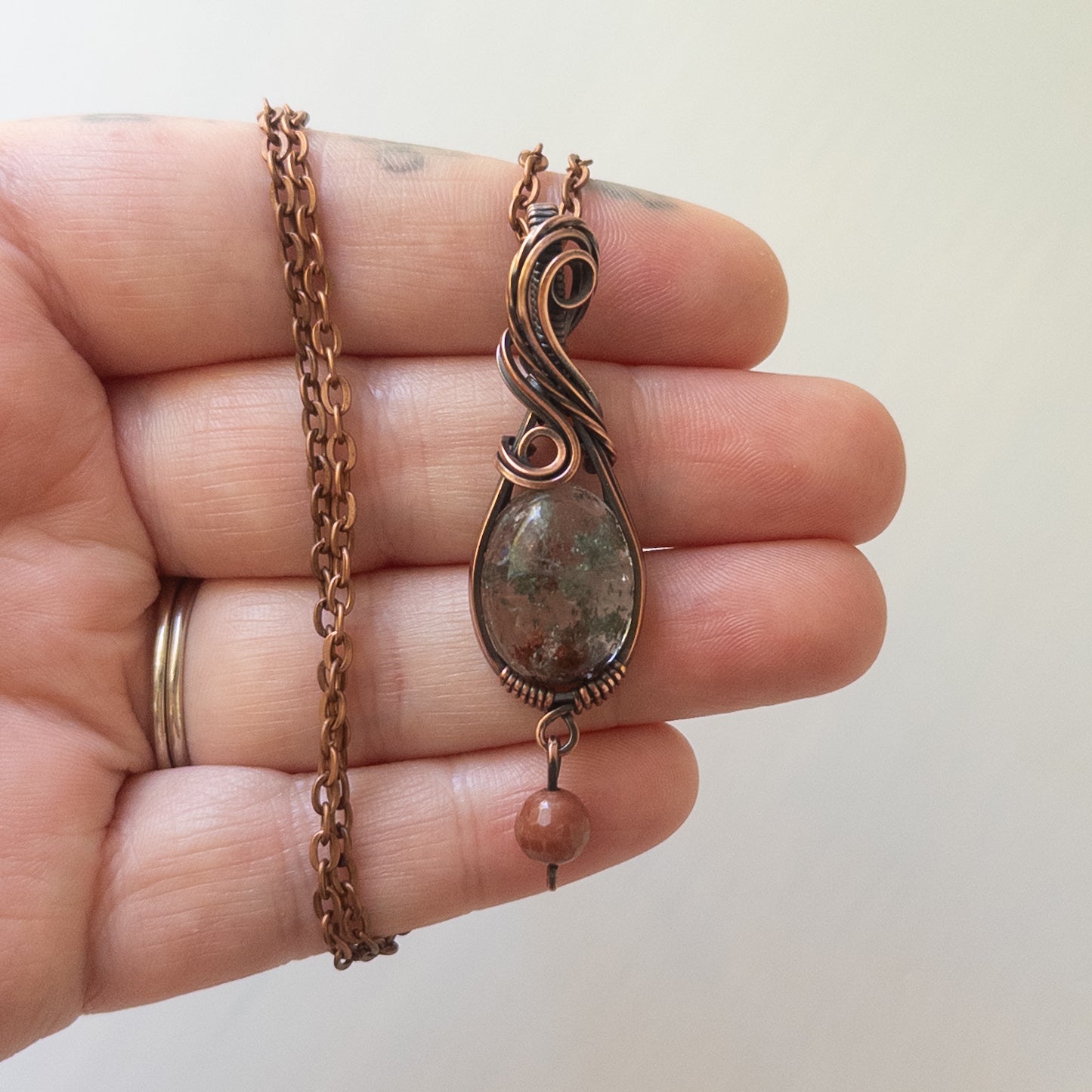Garden Quartz & Jasper Antiqued Copper Wrapped Pendant