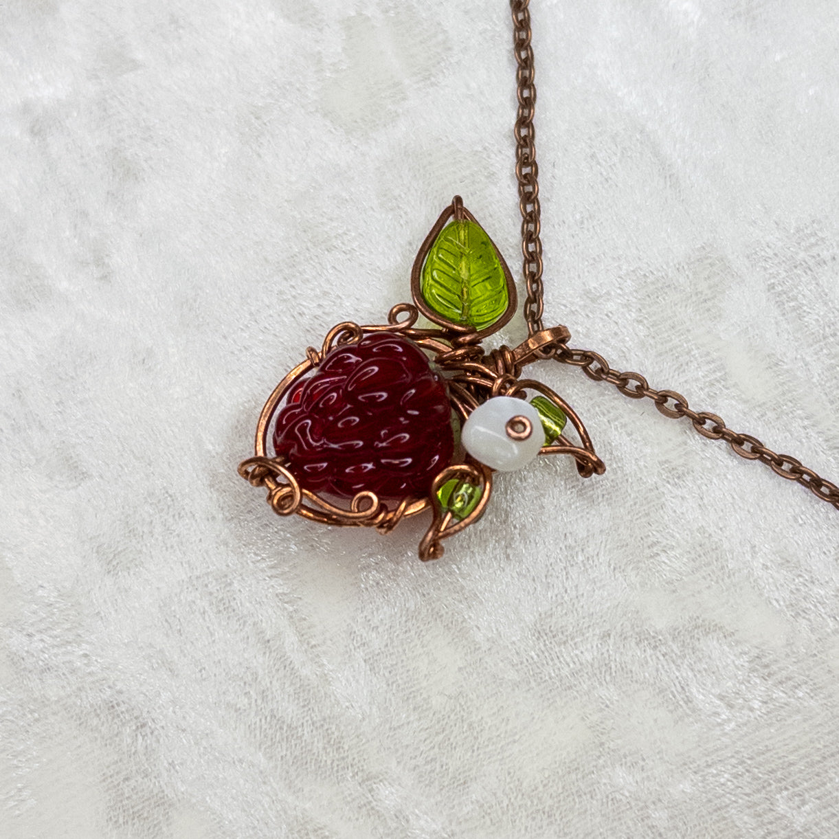 Whimsical Glass Raspberry Copper Wrapped Pendant with Shell Flower - D
