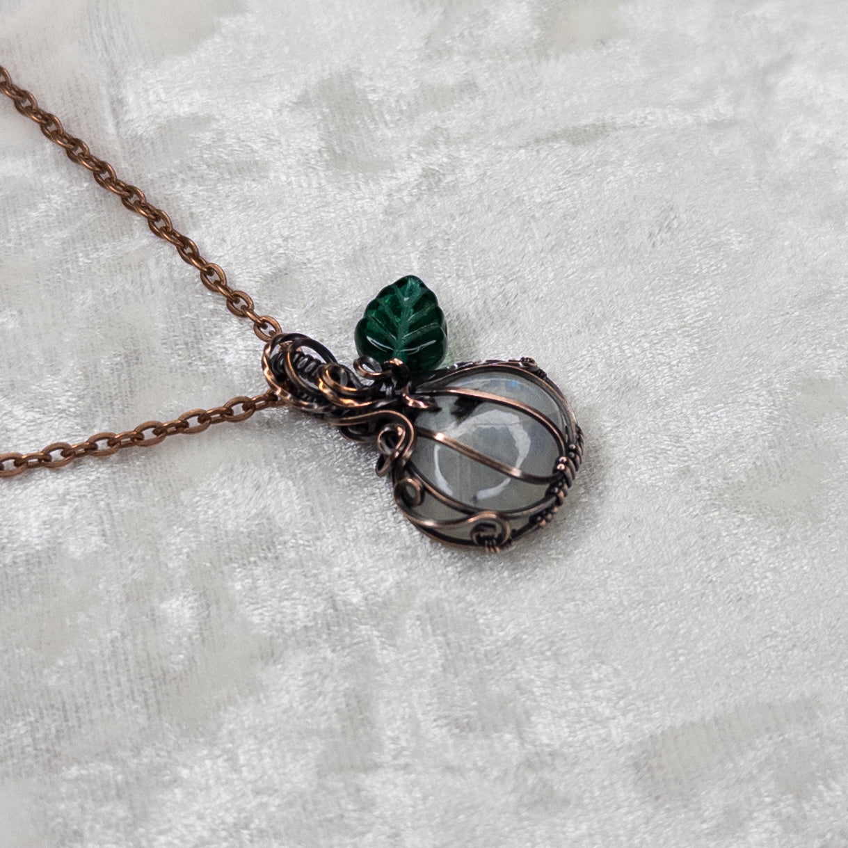 Dainty Moonstone Antiqued Copper Pumpkin Pendant With Czech Glass Leaf