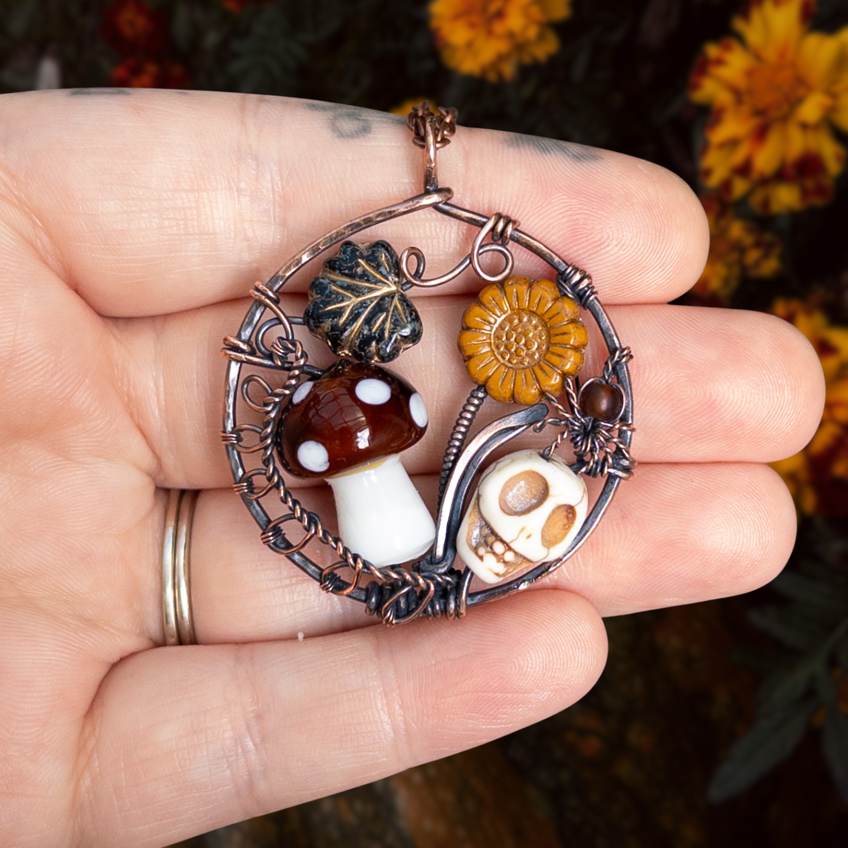 “Autumn Rest” Antiqued Copper Pendant With Czech Glass Botanical Beads, Lampwork Mushroom Bead, Stone Skull Bead, And Tiny Glass & Wire Spider