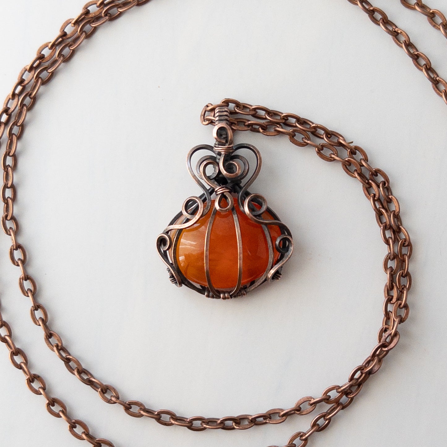 Orange Carnelian Pumpkin Antiqued Copper Wrapped Pendant