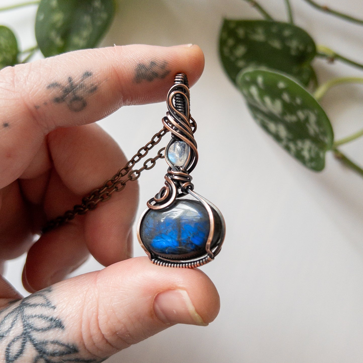 Labradorite With Moonstone & Copper Wrapped Pendant
