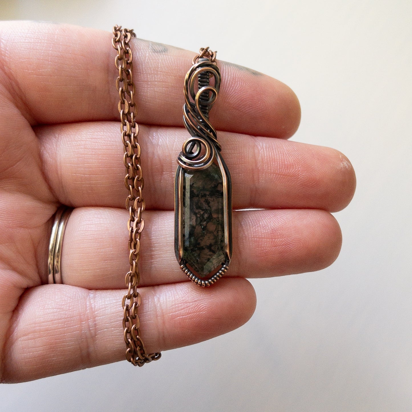 Marquise Moss Agate & Antiqued Copper Wrapped Pendant