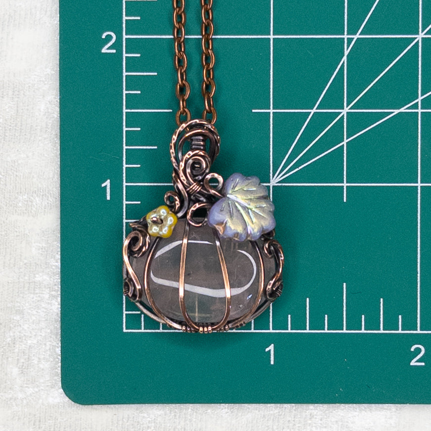 “Fairy Pumpkin” Rose Quartz Antiqued Copper Pumpkin Pendant With Iridescent Czech Glass Leaf & Blossom